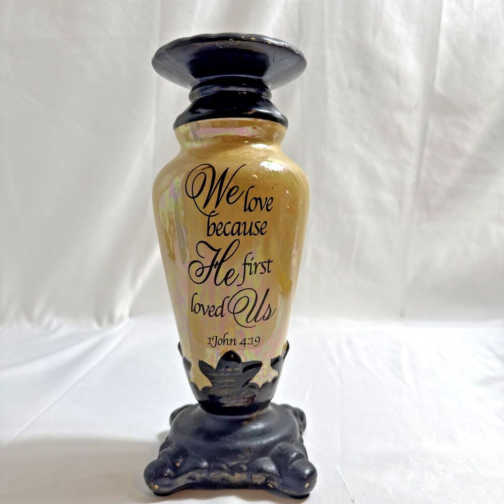 John 4:19 We Love Pillar Candle Holder 2 7/8" Brown Beige Wood Glass Resin
